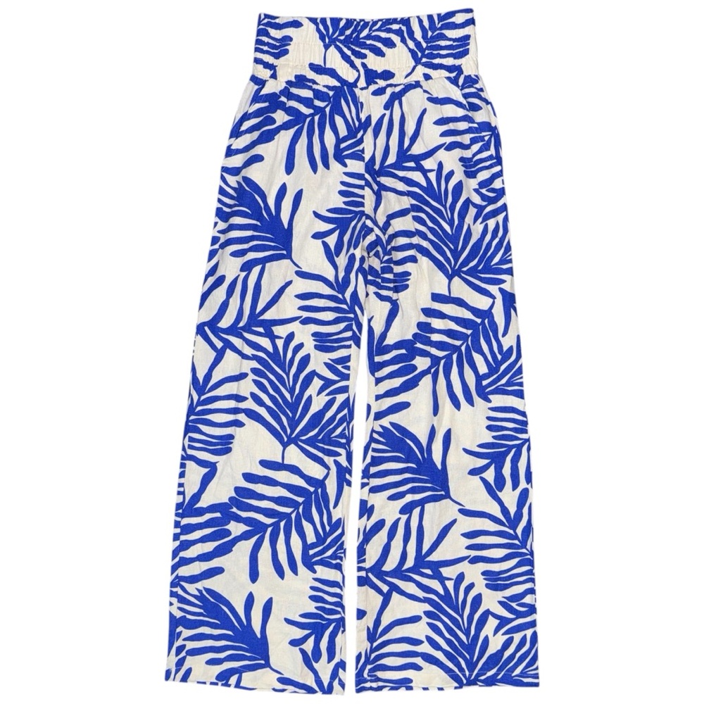 Sincerely Jules Blue Palm Print Linen Blend Wide Leg Pants Resort Coastal Small